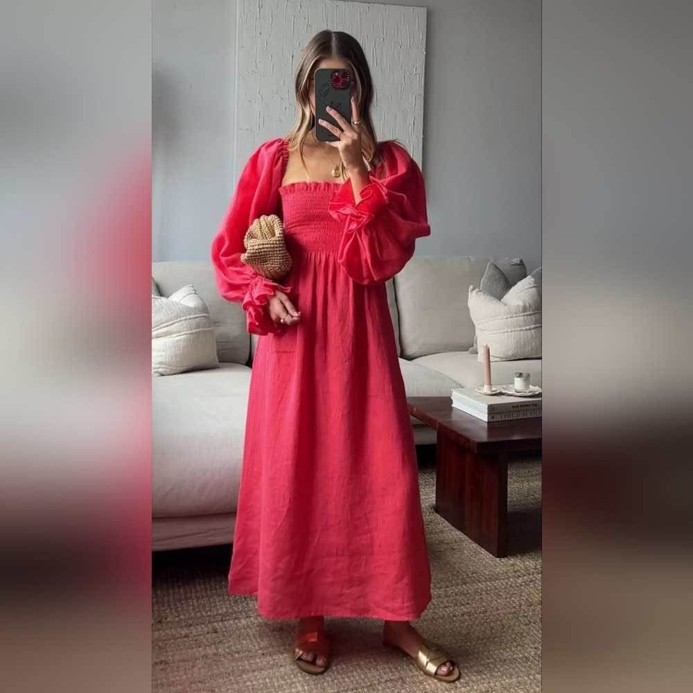 Sleeper 100% linen atlanta midi dress in deep pink, small